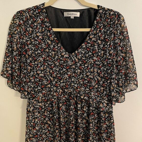 Summer Floral Print V Neck Casual Mini Boho Ruffle Swing Dress (S) - Picture 6 of 6